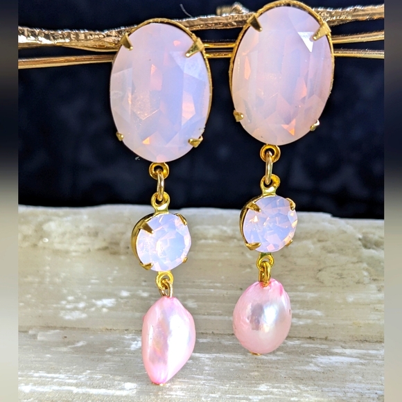 Large Pink Opal Rosewater and Pink Baroque Pearls in Drop Down Earrings GP - Picture 1 of 4
